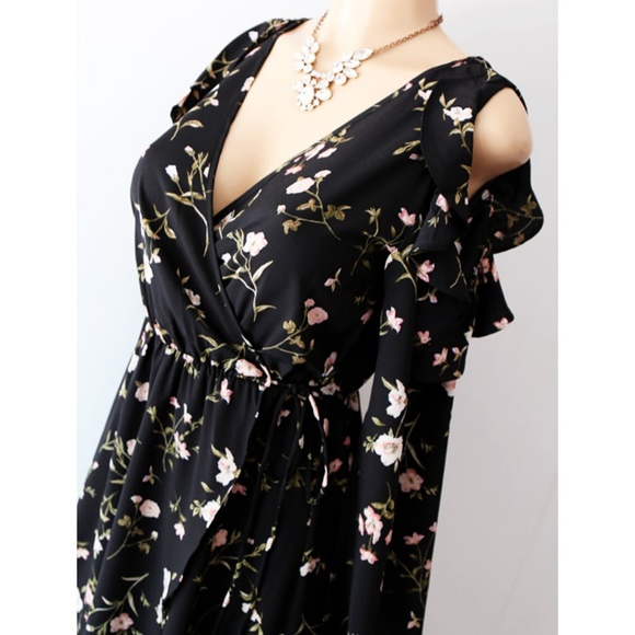 Last☝️ Floral Cold Ruffle Shoulder Wrap Midi Dress - Picture 2 of 8